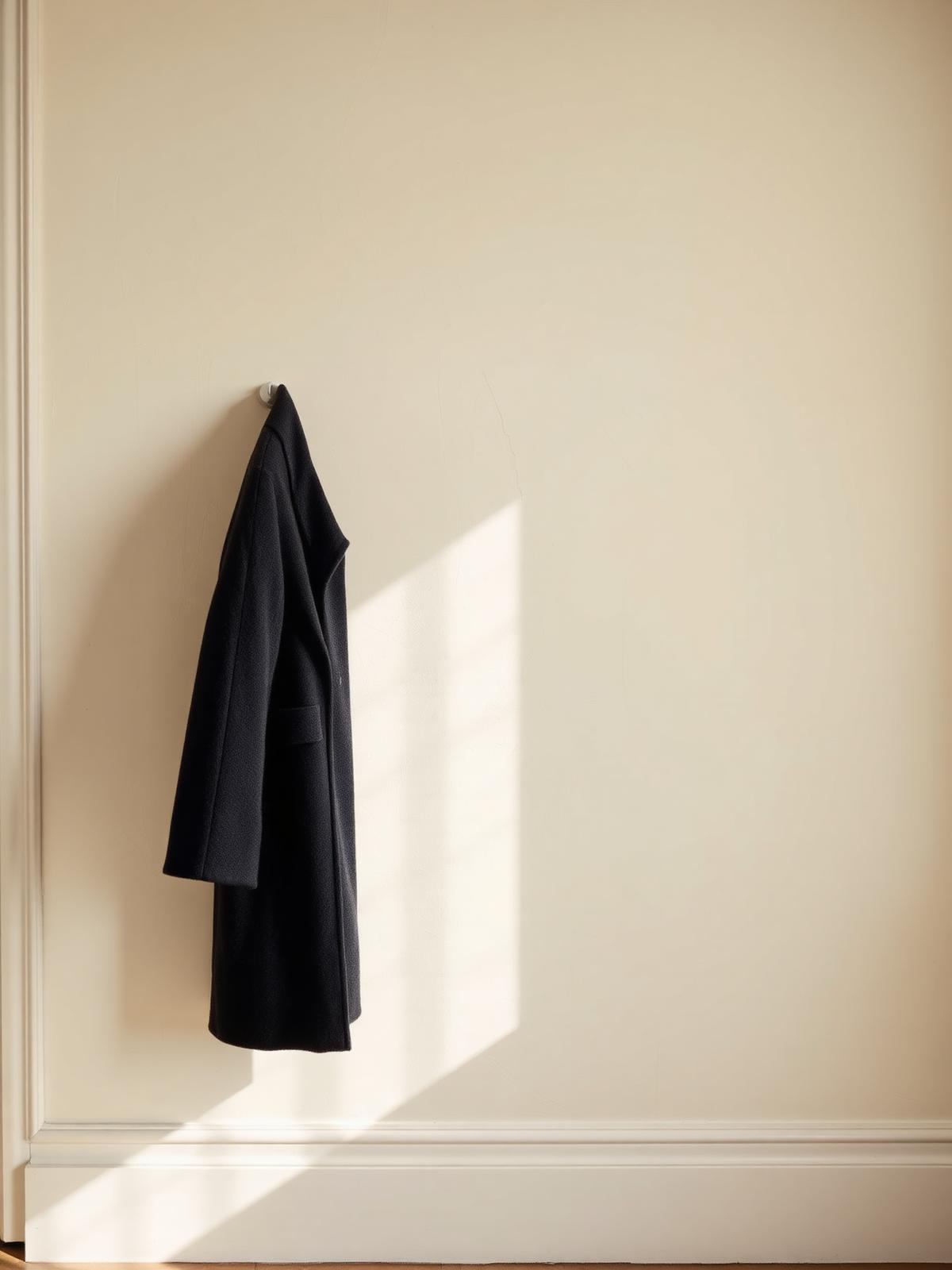 A heavy charcoal wool overcoat hanging against a cream lime-wash wall in soft side light.
